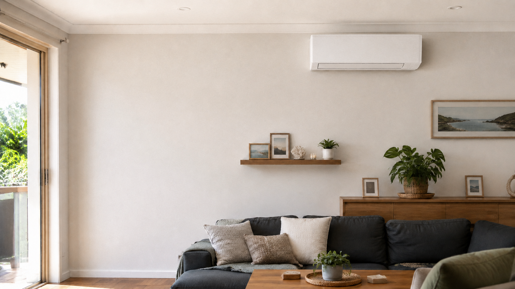 Comfortable Australian living room with split-system air conditioner
